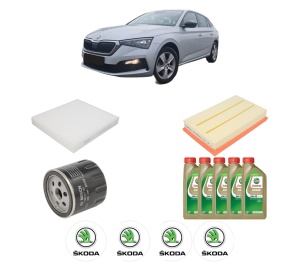 Set Pachet filtre revizie Bosch, 5 litrii ulei Castrol 0W20 SKODA SCALA (NW1) 1.5 TSI din 2019, 4x Stickere auto cu SKODA - Img 2