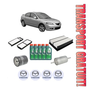 Set Pachet filtre revizie Bosch, 5 litrii ulei Castrol 10W40 MAZDA 3 Saloon (BK) 2.0 (BKEP) din 2003-2009, 4x Stickere auto cu MAZDA