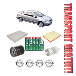 Set Pachet filtre revizie Bosch, 5 litrii ulei Castrol 10W40 OPEL ASTRA G Coupe (T98) 2.0 16V Turbo (F07) din 2000-2001, 4x Stickere auto cu OPEL