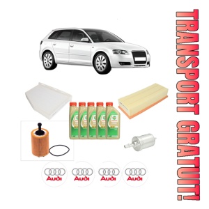 Set Pachet filtre revizie Bosch, 5 litrii ulei Castrol 5W30 AUDI A3 Sportback (8PA) 2.0 TFSI quattro din 2004-2013, 4x Stickere auto cu AUDI