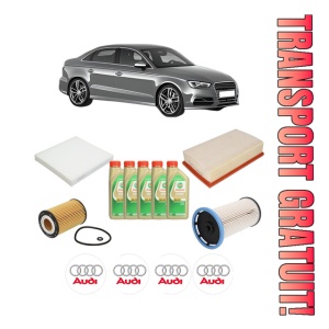 Set Pachet filtre revizie Bosch, 5 litrii ulei Castrol 5W30 AUDI A3 Limousine (8VS, 8VM) 30 TDI din 2018-2020, 4x Stickere auto cu AUDI