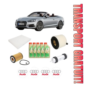 Set Pachet filtre revizie Bosch, 5 litrii ulei Castrol 5W30 AUDI A5 Convertible (F57, F5E) 2.0 TDI din 2017-2019, 4x Stickere auto cu AUDI