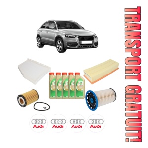 Set Pachet filtre revizie Bosch, 5 litrii ulei Castrol 5W30 AUDI Q3 (8UB, 8UG) 2.0 TDI din 2015-2018, 4x Stickere auto cu AUDI