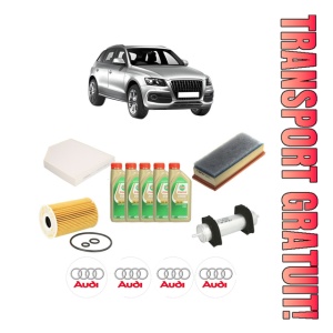 Set Pachet filtre revizie Bosch, 5 litrii ulei Castrol 5W30 AUDI Q5 (8RB) 2.0 TDI din 2010-2013, 4x Stickere auto cu AUDI