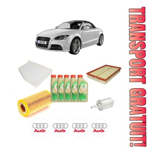Set Pachet filtre revizie Bosch, 5 litrii ulei Castrol 5W30 AUDI TT Roadster (8J9) 2.0 TTS quattro din 2008-2014, 4x Stickere auto cu AUDI