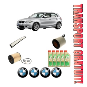 Set Pachet filtre revizie Bosch, 5 litrii ulei Castrol 5W30 BMW Seria 1 (E87) 120 i din 2004-2007, 4x Stickere auto cu BMW