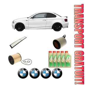 Set Pachet filtre revizie Bosch, 5 litrii ulei Castrol 5W30 BMW Seria 1 Coupe (E82) 120 i din 2007-2013, 4x Stickere auto cu BMW