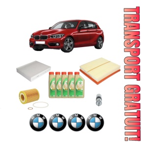 Set Pachet filtre revizie Bosch, 5 litrii ulei Castrol 5W30 BMW Seria 1 (F20) 120 i din 2015-2016, 4x Stickere auto cu BMW