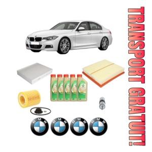 Set Pachet filtre revizie Bosch, 5 litrii ulei Castrol 5W30 BMW Seria 3 (F30, F80) 328 i din 2011-2018, 4x Stickere auto cu BMW