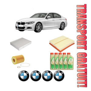Set Pachet filtre revizie Bosch, 5 litrii ulei Castrol 5W30 BMW Seria 3 (F30, F80) 320 i din 2012-2016, 4x Stickere auto cu BMW