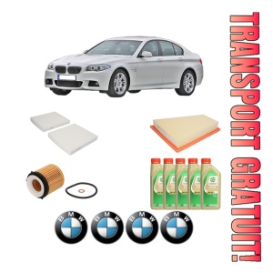 Set Pachet filtre revizie Bosch, 5 litrii ulei Castrol 5W30 BMW Seria 5 (F10) 528 i din 2011-2016, 4x Stickere auto cu BMW