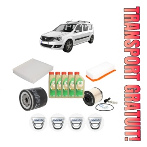 Set Pachet filtre revizie Bosch, 5 litrii ulei Castrol 5W30 DACIA LOGAN MCV II 1.5 dCi din 2013, 4x Stickere auto cu DACIA