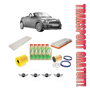 Set Pachet filtre revizie Bosch, 5 litrii ulei Castrol 5W30 MINI MINI Roadster (R59) John Cooper Works din 2011-2015, 4x Stickere auto cu MINI