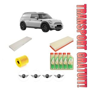 Set Pachet filtre revizie Bosch, 5 litrii ulei Castrol 5W30 MINI MINI CLUBVAN (R55) One din 2012-2014, 4x Stickere auto cu MINI