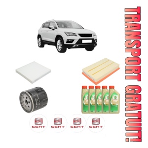 Set Pachet filtre revizie Bosch, 5 litrii ulei Castrol 5W30 SEAT ATECA (KH7, KHP) 1.5 TSI din 2018, 4x Stickere auto cu SEAT