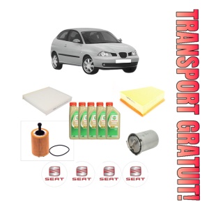Set Pachet filtre revizie Bosch, 5 litrii ulei Castrol 5W30 SEAT IBIZA III (6L1) 1.4 TDI din 2005-2009, 4x Stickere auto cu SEAT
