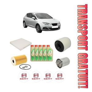 Set Pachet filtre revizie Bosch, 5 litrii ulei Castrol 5W30 SEAT IBIZA IV (6J5, 6P1) 1.6 TDI din 2009-2015, 4x Stickere auto cu SEAT