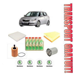 Set Pachet filtre revizie Bosch, 5 litrii ulei Castrol 5W30 SKODA FABIA II (542) 1.4 TDI din 2007-2010, 4x Stickere auto cu SKODA