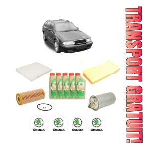 Set Pachet filtre revizie Bosch, 5 litrii ulei Castrol 5W30 SKODA Octavia I Estate Van (1U5) 1.9 TDI din 2000-2010, 4x Stickere auto cu SKODA