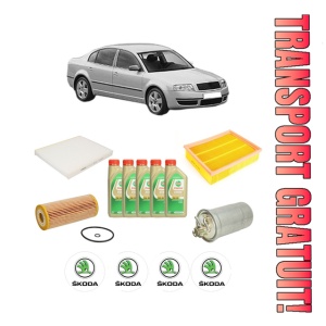 Set Pachet filtre revizie Bosch, 5 litrii ulei Castrol 5W30 SKODA SUPERB I (3U4) 1.9 TDI din 2005-2007, 4x Stickere auto cu SKODA