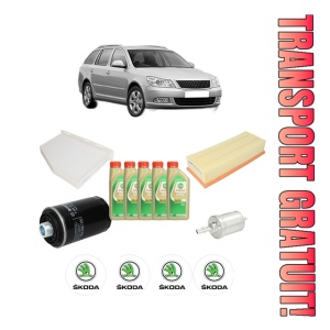 Set Pachet filtre revizie Bosch, 5 litrii ulei Castrol 5W30 SKODA Octavia II Combi (1Z5) 2.0 TFSI din 2005-2013, 4x Stickere auto cu SKODA