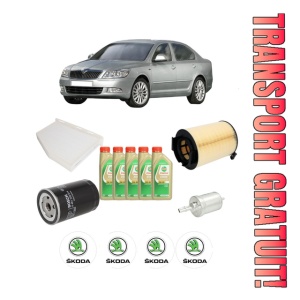 Set Pachet filtre revizie Bosch, 5 litrii ulei Castrol 5W30 SKODA Octavia II (1Z3) 1.6 LPG din 2009-2012, 4x Stickere auto cu SKODA