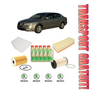 Set Pachet filtre revizie Bosch, 5 litrii ulei Castrol 5W30 SKODA SUPERB II Estate (3T5) 2.0 TDI 16V 4x4 din 2010-2015, 4x Stickere auto cu SKODA