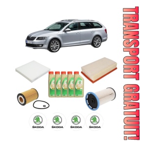 Set Pachet filtre revizie Bosch, 5 litrii ulei Castrol 5W30 SKODA Octavia III Combi (5E5, 5E6) 1.6 TDI din 2017-2020, 4x Stickere auto cu SKODA