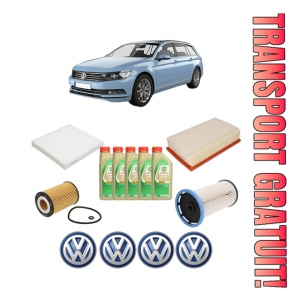 Set Pachet filtre revizie Bosch, 5 litrii ulei Castrol 5W30 Volkswagen PASSAT B8 Variant (3G5, CB5) 1.6 TDI din 2014-2020, 4x Stickere auto cu Volkswagen