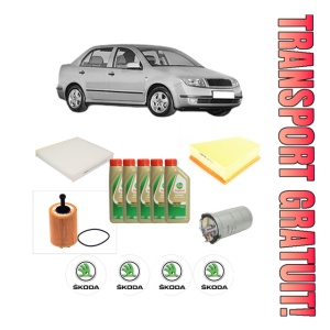 Set Pachet filtre revizie Bosch, 5 litrii ulei Castrol 5W40 SKODA FABIA I Saloon (6Y3) 1.4 TDI din 2003-2007, 4x Stickere auto cu SKODA