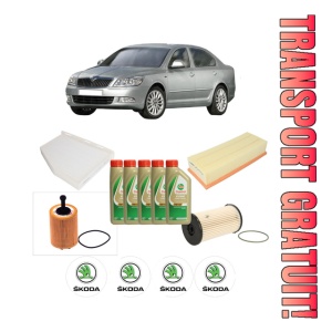 Set Pachet filtre revizie Bosch, 5 litrii ulei Castrol 5W40 SKODA Octavia II (1Z3) 2.0 TDI 16V din 2004-2013, 4x Stickere auto cu SKODA