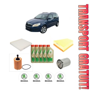 Set Pachet filtre revizie Bosch, 5 litrii ulei Castrol 5W40 SKODA ROOMSTER (5J7) 1.4 TDI din 2006-2010, 4x Stickere auto cu SKODA