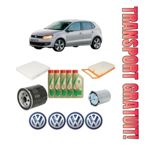 Set Pachet filtre revizie Bosch, 5 litrii ulei Castrol 5W40 Volkswagen POLO Van V (6R1, 6C1) 1.4 TDI din 2014-2017, 4x Stickere auto cu Volkswagen