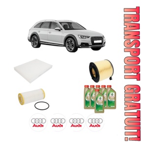 Set Pachet filtre revizie Bosch, 6 litrii ulei Castrol 0W20 AUDI A4 Allroad B9 (8WH, 8WJ) 45 TFSI Mild Hybrid quattro din 2020, 4x Stickere auto cu AUDI