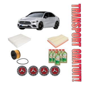 Set Pachet filtre revizie Bosch, 6 litrii ulei Castrol 0W20 MERCEDES-BENZ A-CLASS Saloon (V177) A 200 (177.187) din 2018, 4x Stickere auto cu MERCEDES-BENZ