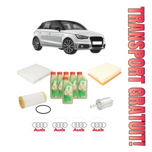 Set Pachet filtre revizie Bosch, 6 litrii ulei Castrol 5W30 AUDI A1 Sportback (8XA, 8XF) 1.8 TFSI din 2015-2018, 4x Stickere auto cu AUDI