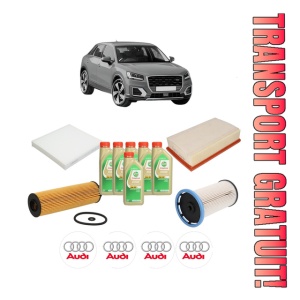 Set Pachet filtre revizie Bosch, 6 litrii ulei Castrol 5W30 AUDI Q2 (GAB, GAG) 2.0 TDI din 2016, 4x Stickere auto cu AUDI