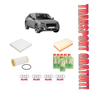 Set Pachet filtre revizie Bosch, 6 litrii ulei Castrol 5W30 AUDI Q2 (GAB, GAG) SQ2 TFSI quattro din 2018, 4x Stickere auto cu AUDI
