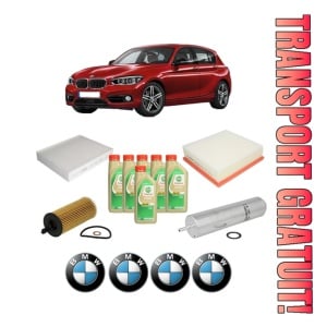 Set Pachet filtre revizie Bosch, 6 litrii ulei Castrol 5W30 BMW Seria 1 (F21) 118 d din 2011-2015, 4x Stickere auto cu BMW