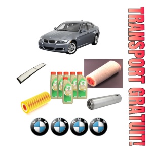 Set Pachet filtre revizie Bosch, 6 litrii ulei Castrol 5W30 BMW Seria 3 (E90) 320 d din 2004-2007, 4x Stickere auto cu BMW