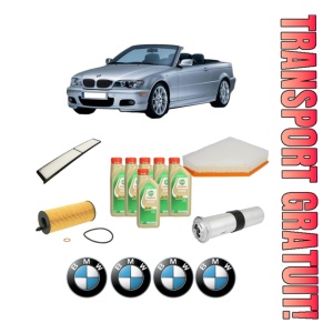 Set Pachet filtre revizie Bosch, 6 litrii ulei Castrol 5W30 BMW Seria 3 Convertible (E93) 320 d din 2007-2010, 4x Stickere auto cu BMW