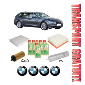 Set Pachet filtre revizie Bosch, 6 litrii ulei Castrol 5W30 BMW Seria 3 Touring (F31) 318 d din 2012-2019, 4x Stickere auto cu BMW
