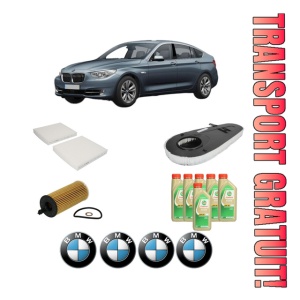 Set Pachet filtre revizie Bosch, 6 litrii ulei Castrol 5W30 BMW Seria 5 Gran Turismo (F07) 520 d din 2011-2017, 4x Stickere auto cu BMW