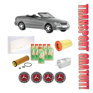 Set Pachet filtre revizie Bosch, 6 litrii ulei Castrol 5W30 MERCEDES-BENZ CLK Convertible (A209) CLK 200 Kompressor (209.442) din 2003-2010, 4x Stickere auto cu MERCEDES-BENZ