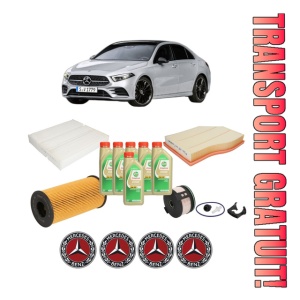 Set Pachet filtre revizie Bosch, 6 litrii ulei Castrol 5W30 MERCEDES-BENZ A-CLASS Saloon (V177) A 180 d (177.103) din 2018, 4x Stickere auto cu MERCEDES-BENZ