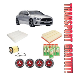 Set Pachet filtre revizie Bosch, 6 litrii ulei Castrol 5W30 MERCEDES-BENZ A-CLASS (W177) A 250 4-matic (177.047) din 2018, 4x Stickere auto cu MERCEDES-BENZ