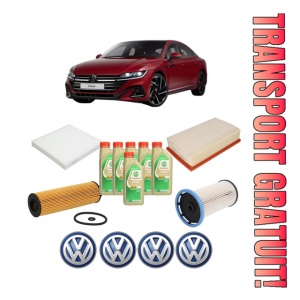 Set Pachet filtre revizie Bosch, 6 litrii ulei Castrol 5W30 Volkswagen ARTEON (3H7, 3H8) 2.0 TDI din 2017, 4x Stickere auto cu Volkswagen