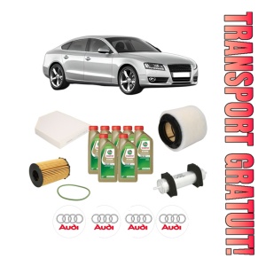 Set Pachet filtre revizie Bosch, 7 litrii ulei Castrol 0W20 AUDI A5 Sportback (8TA) 3.0 TDI quattro din 2015-2017, 4x Stickere auto cu AUDI