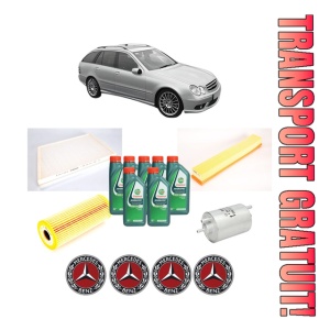 Set Pachet filtre revizie Bosch, 7 litrii ulei Castrol 10W40 MERCEDES-BENZ C-CLASS T-Model (S203) C 180 (203.235) din 2001-2002, 4x Stickere auto cu MERCEDES-BENZ