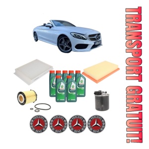 Set Pachet filtre revizie Bosch, 7 litrii ulei Castrol 10W40 MERCEDES-BENZ C-CLASS Convertible (A205) C 300 (205.448) din 2016-2018, 4x Stickere auto cu MERCEDES-BENZ